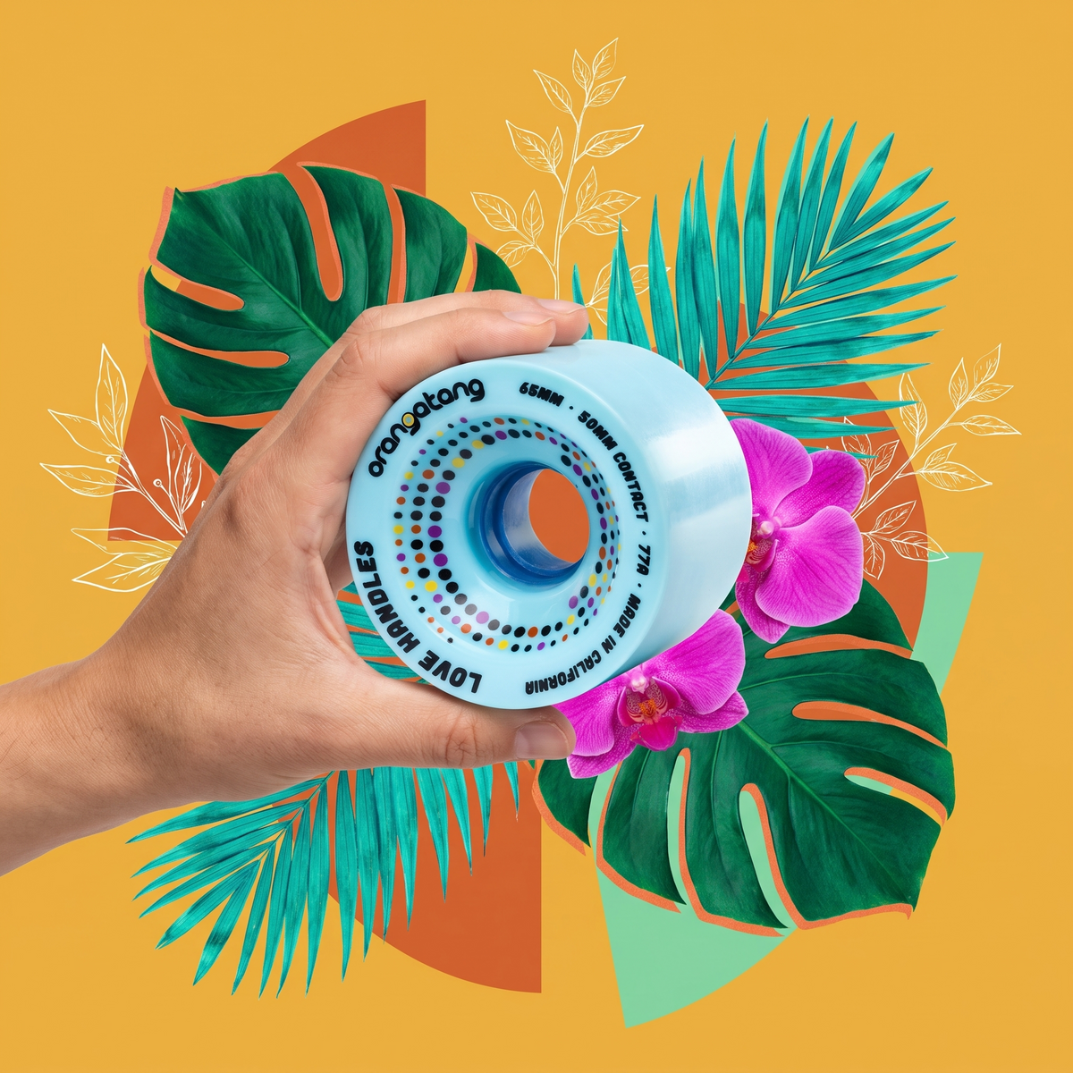 Roue Orangatang Love Handles bleue, 65 mm 77a, tenue à la main sur fond tropical