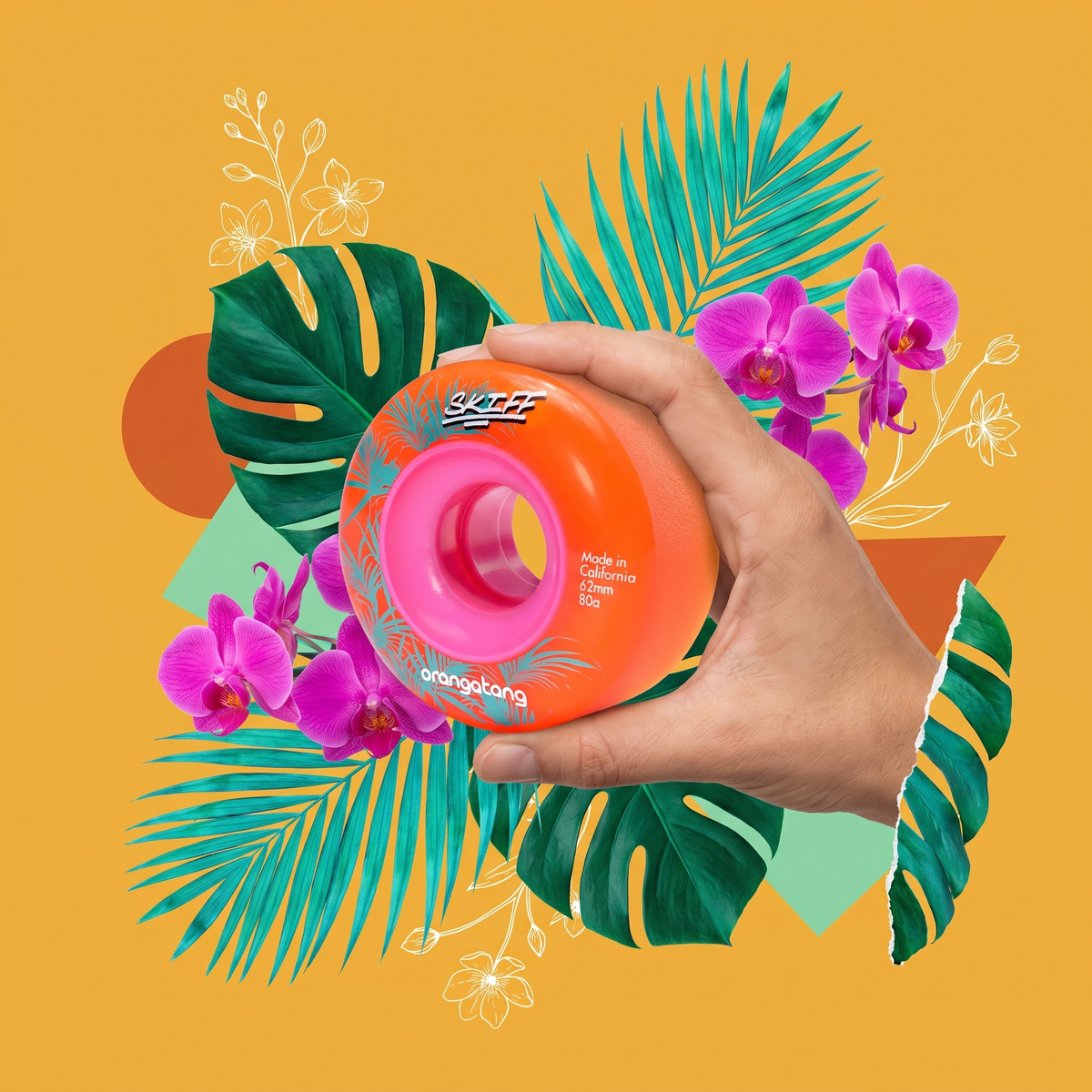 Roue Orangatang Skiff orange à noyau rose, 62 mm 80a, tenue à la main sur fond tropical